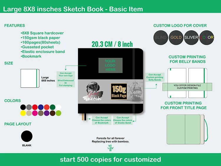 Large Black Paper Sketch Journal 150g Thick 160 Pages All Blank Drawing