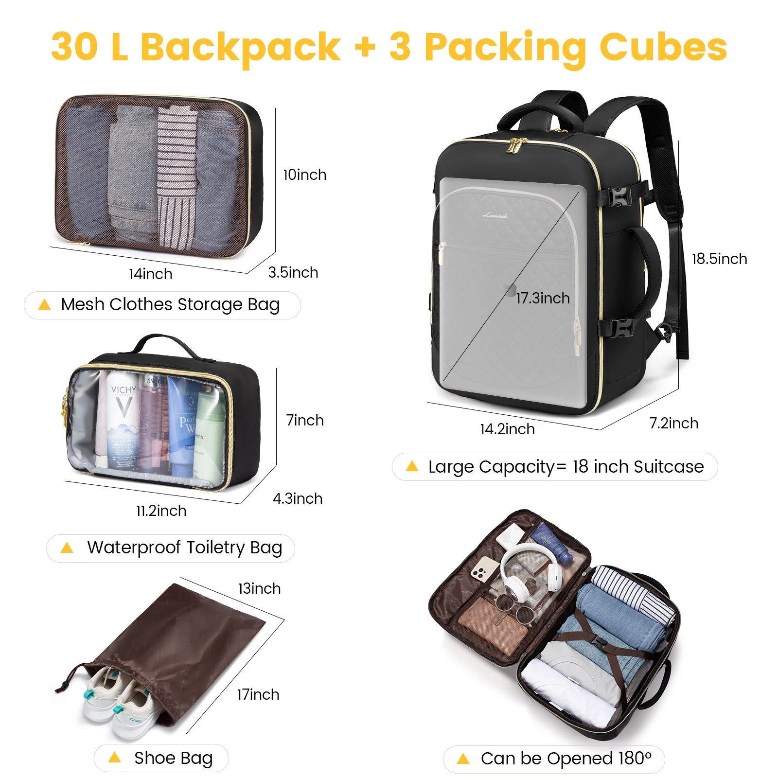 30L Flight Approved Carry on Backpack with 3 Packing Cubes 30L Flight Approved Carry on Backpack with 3 Packing Cubes