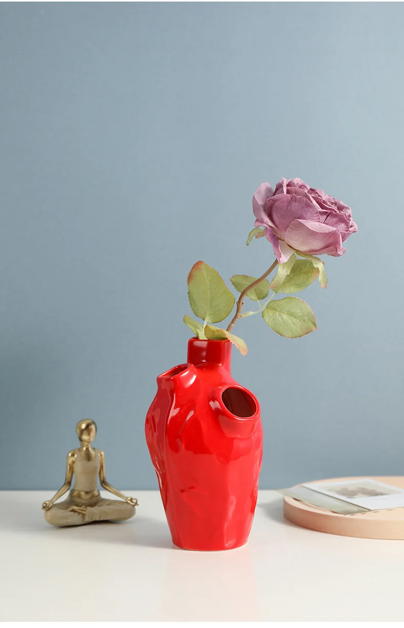 Ins Style Heart shaped ceramic vase three hole dry flower table vase  Desktop Plant Holder Home Decoration.jpg