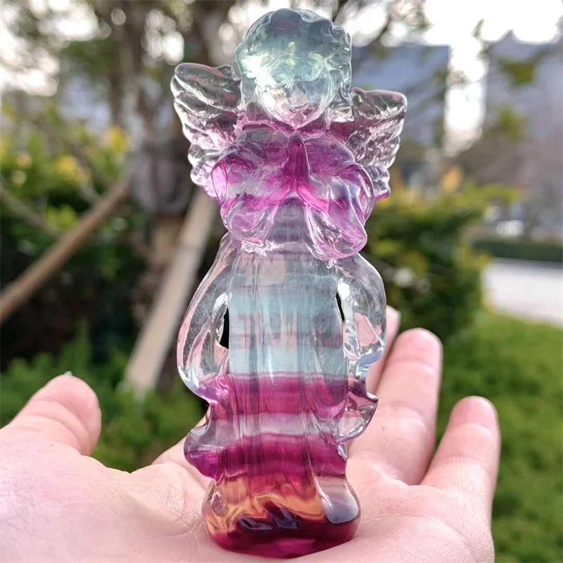 天然スイカ蛍石エンジェル像クリスタル女神彫刻レインボー蛍石