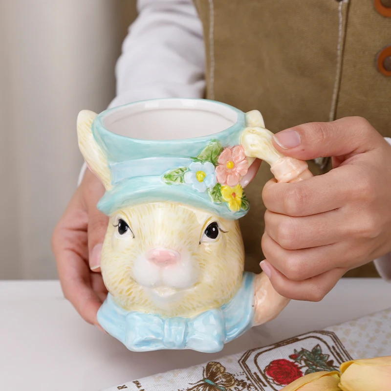 Redeco Creative Rabbit Shaped Ceramic Mug 3D Animal Design Decorative Drinkware Easter Bunny Coffee Ceramic Mug Custom Cup