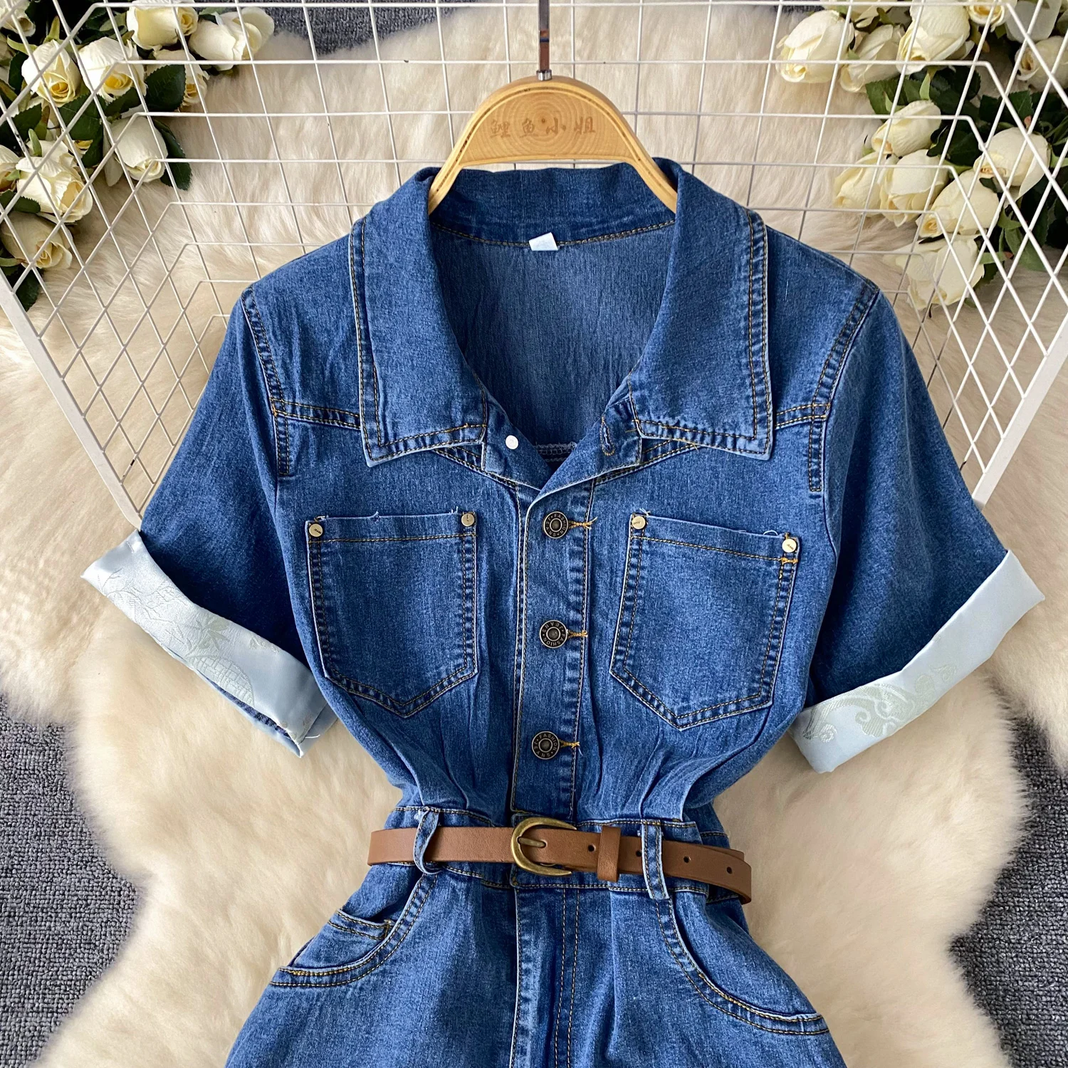 Elegant Empire Denim Midi Summer Dress For Women With Short Sleeves