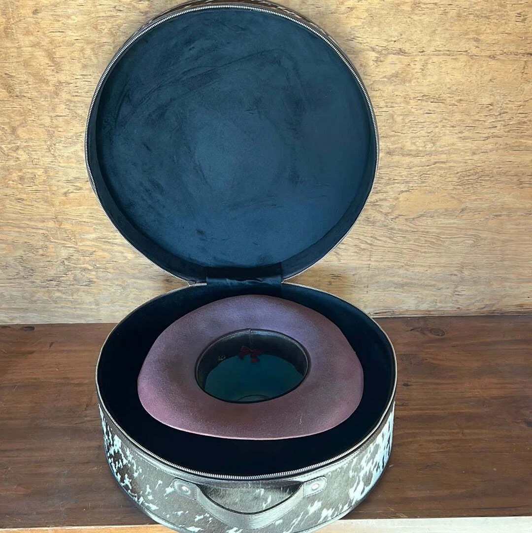 Embossed Leather Hat Box Round Zipper Cowboy Hat Box Travel case Black Velvet Interior Flat Brim Packaging for Women Storage