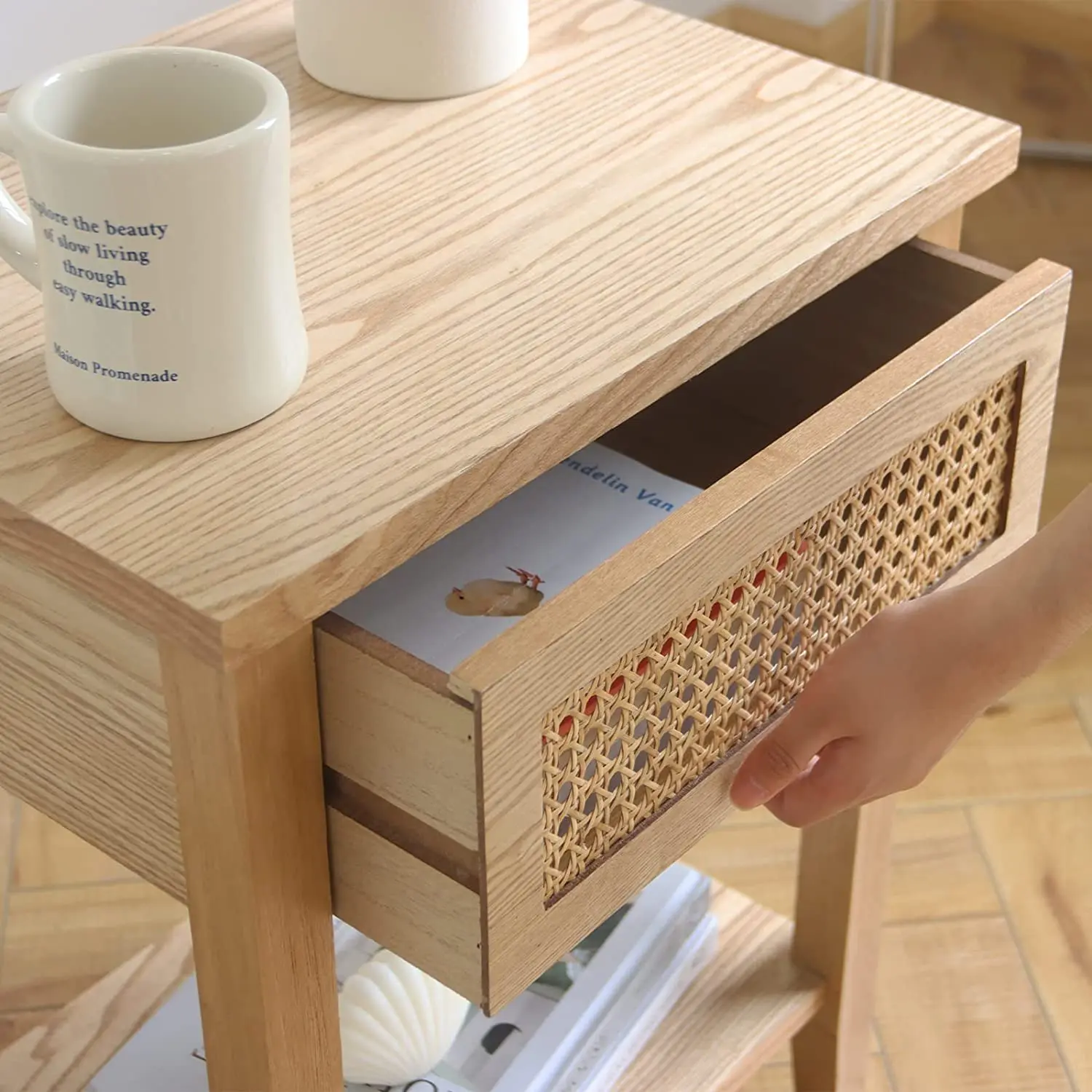 Natural Small Rattan Drawer Nightstand with Drawer and Shelf Rattan Side Table Bedroom