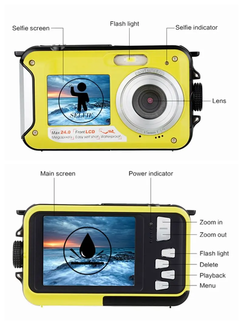 2.7K 48MP Digital Camera HD Rechargeable Underwater Camera Dual Lens Waterproof Cameras