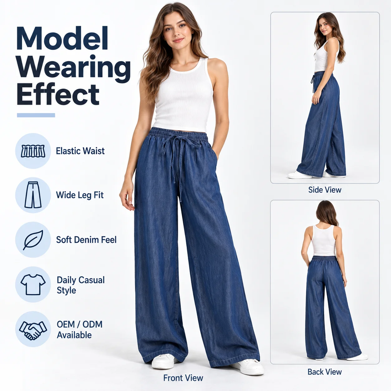 Vintage Blue High-Waisted Breathable Casual Women's Wide Leg Denim Elastic Waist Drawstring Pants Women's Pants Women's Jeans