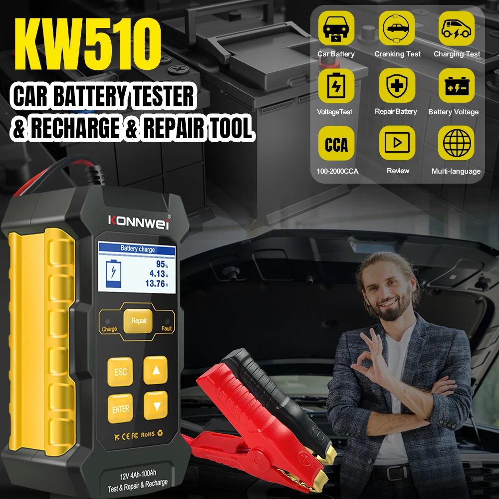 Batterijtester, KW510 Auto Acculader Tester Volautomatische Oplader Automotive Puls Reparatie Beheerder 5A Loodzuur Reparatie Tool