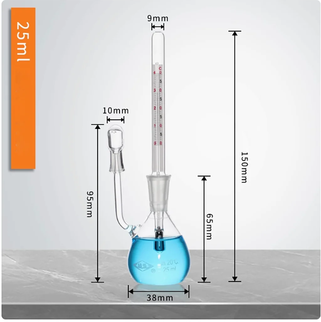Specific Gravity Bottle Pycnometer Glass Density Bottle Lab Glassware with Thermometers, 25ml Capacity