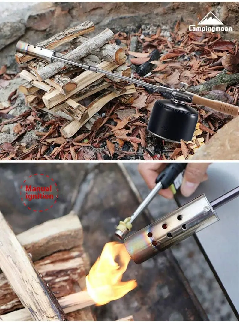 CAMPINGMOON Holzgriff, klassische abnehmbare Gasbrenner, starke Leistung, Brenner, Zünder, 12000 kcal, 360-Grad-Nutzung, Flammenpistole, Camping, Grillen – Detail 2