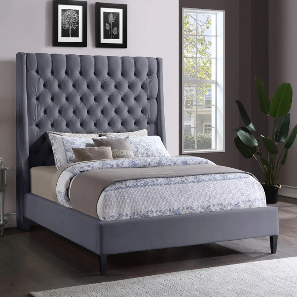 Nordic Design With Crystal Button Tufted High Headboard Bed Adjustable Bed Frame King Size Bedroom Furniture Set