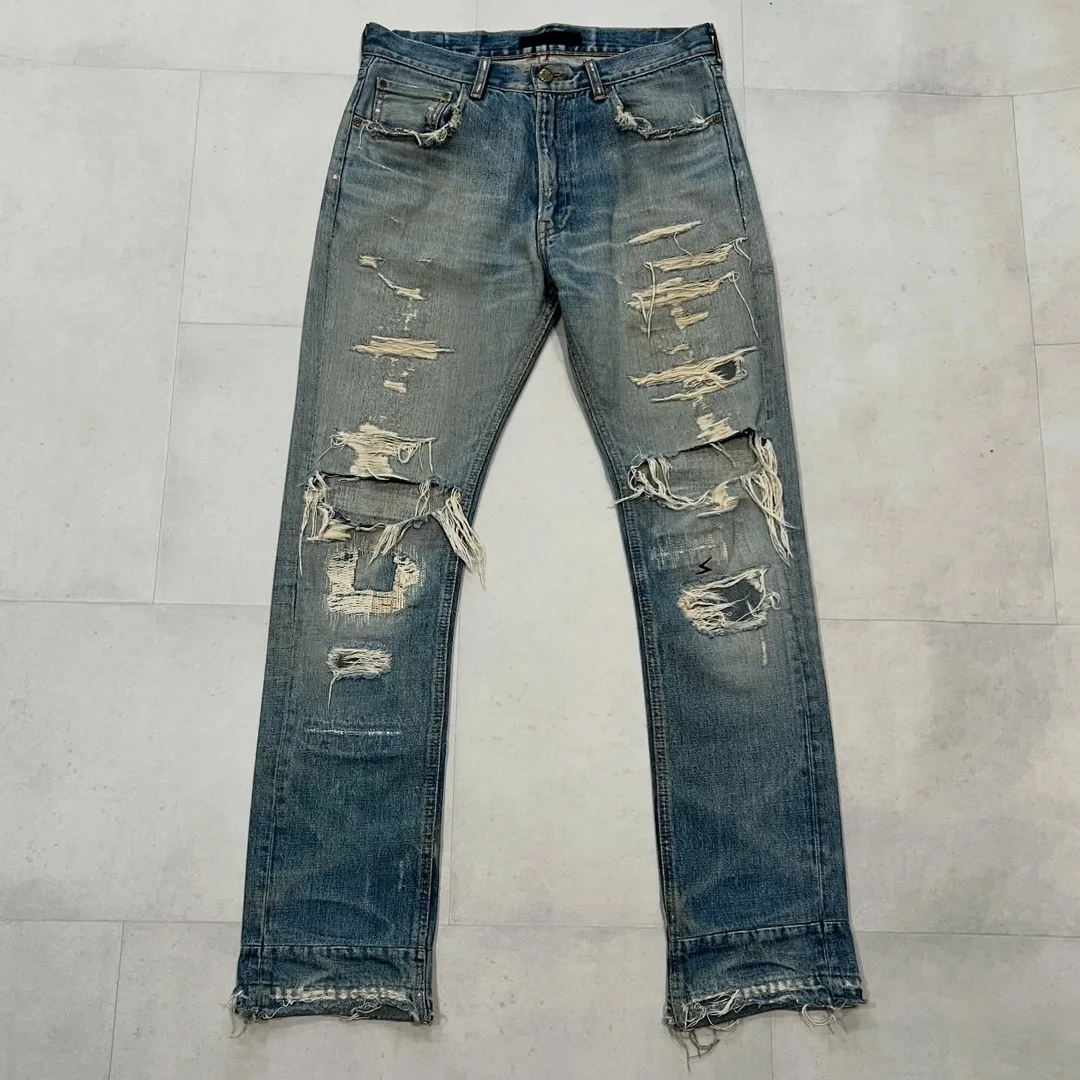Velkoobchodní značkové mužské streetwearové džíny ve vintážním stylu s výrazným potřepáním, opravené, se štěrbinami a surovými okraji, dlouhé džínové kalhoty s OEM službou