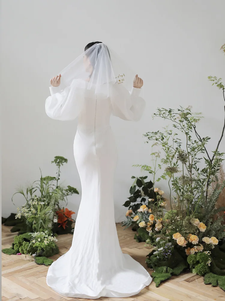 S809F  New White Trailing Temperament Simple White Puff Sleeve Slim Satin Bridal Toast Women Wedding Dress