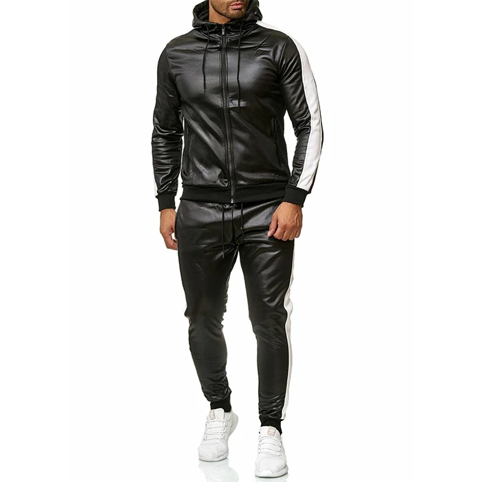 SFE Mens PU Leather Tracksuit 2 Piece Fashion Hoodie Patchwork Sweatshirt with Pocket & Slim Fit Casual Sweatpants Sets