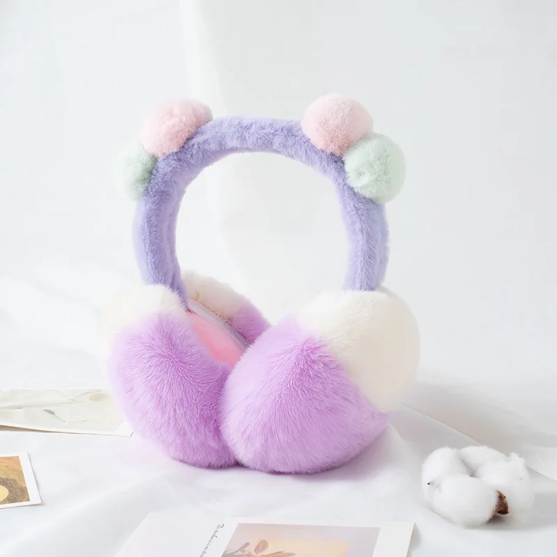 FF3246 Color Matching Windproof Warm Faux Fur Ear Muffs Festivals Gift Foldable Girls Boys Fuzzy Fluffy Plush Winter Earmuffs