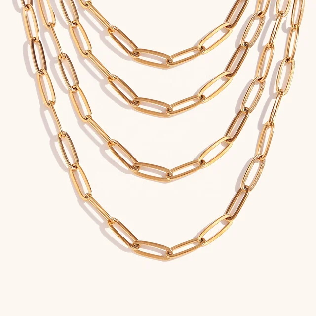 Dingran Wholesale Paper Clip Chain Necklace Bracelet Tarnish Free PVD Gold Plated Stainless Steel Chain Jewelry