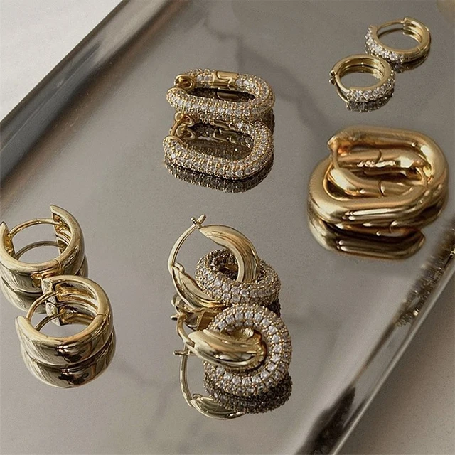 Fashion Geometric U Shape Ear Buckle Hoops Gold Plated Stainless Steel Jewelry CZ Zircon Round Huggie Hoop Earrings for Women