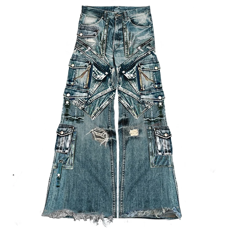 DiZNEW Custom Loose Fit Embroidered Folded Jeans Black Street Wear Loose Jeans Cotton Jeans for Men Man Jean
