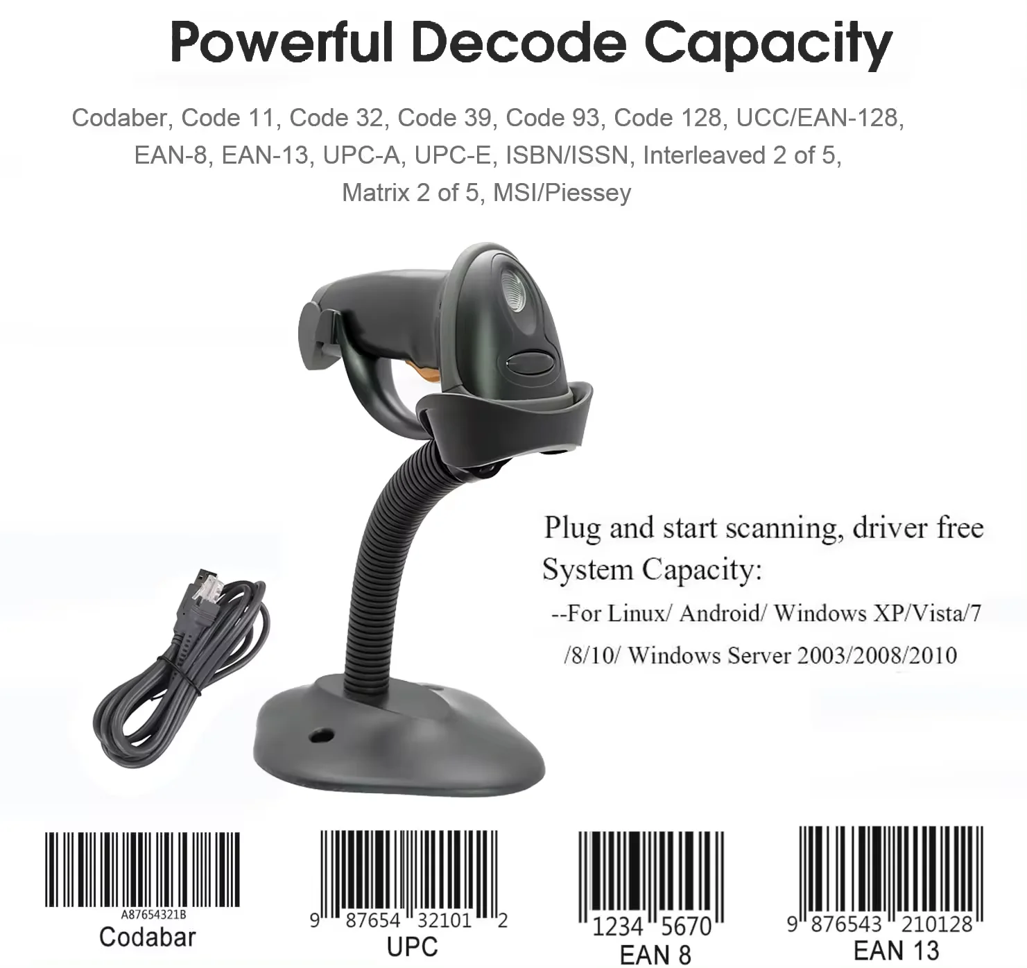 1D Barcode Scanner Laser 1d Code Barcode Reader USB Cable Barcode Scanner Reader With Holder