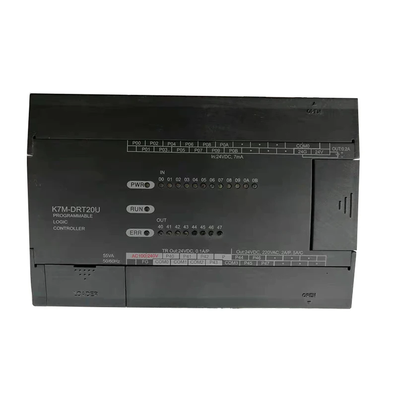 New Original K7M-DRT20U Master-K series PLC main unit with 20 I/O points mixed relay and transistor output. It supports logic control, timing, counting and high-speed pulse positioning, with expandable modules