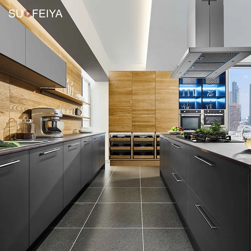 Sofeyia Kitchen Cabinets Simple Designs Clean Handle-less Look 2 Colour Laminate Sheet Accessorized Faucet Hinge Made Marble