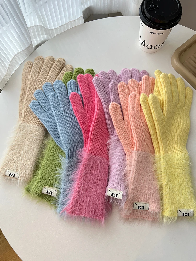 Зимние женские трикотажные перчатки из мягкого флиса