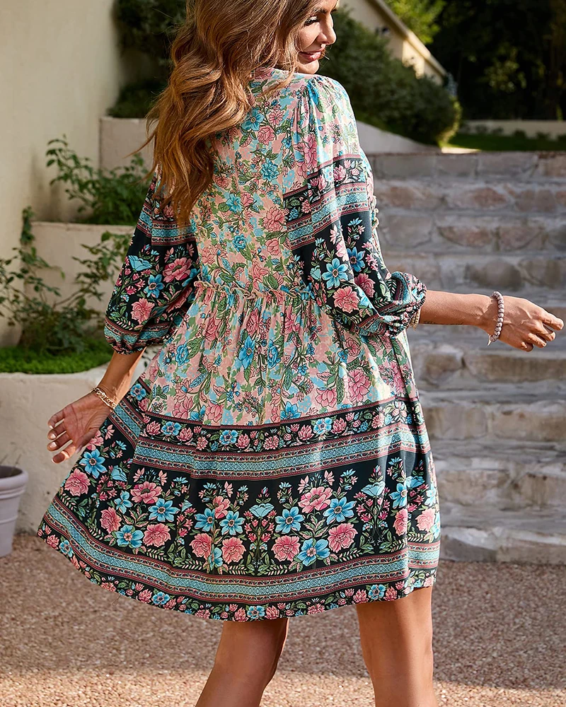 3/4 sleeve beach dresses Women's Maxi Dress Sundress Beach Dress A Line Dress Floral Dress Casual Daily Regular Fit Floral 3 4 Length Sleeve V Neck White Champagne Red Spring