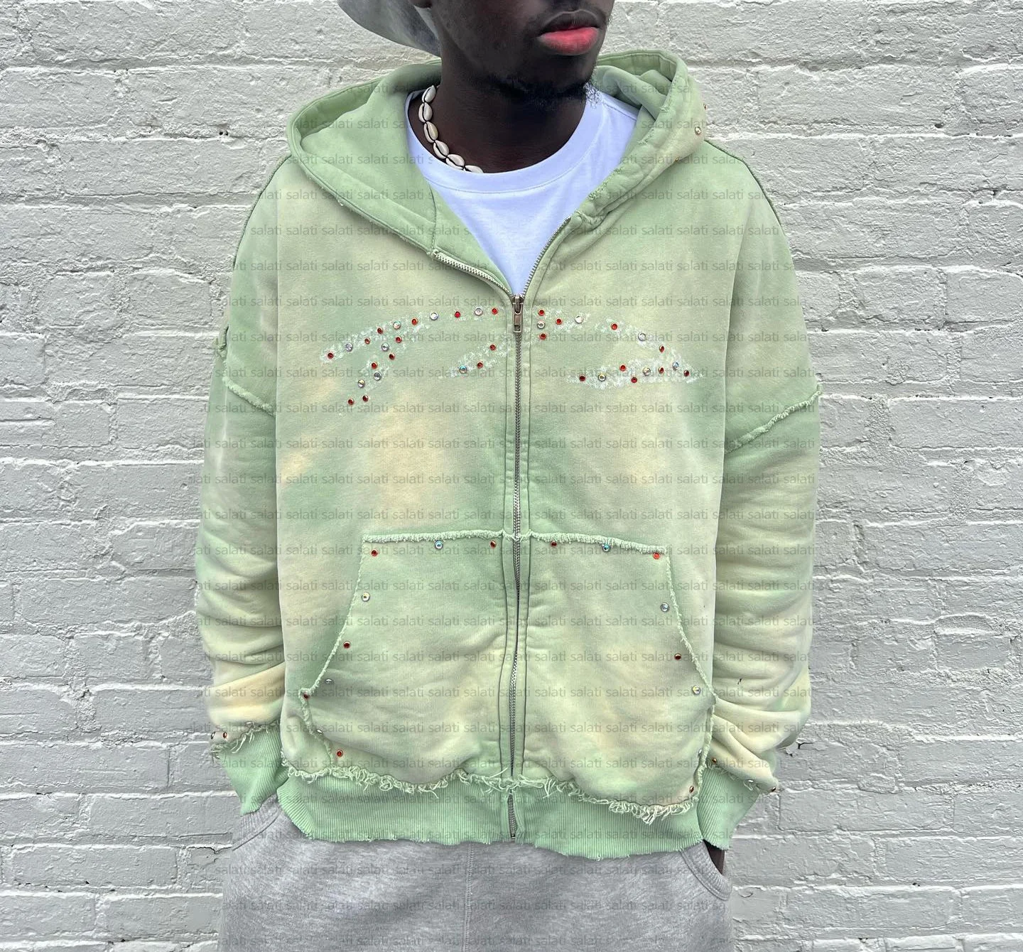 Custom Oodie Oversized Vintage 500GSM Cotton Fleece Sunfaded Zip up Distressed Sun Faded Acid Wash Rhinestone Hoodies for Men