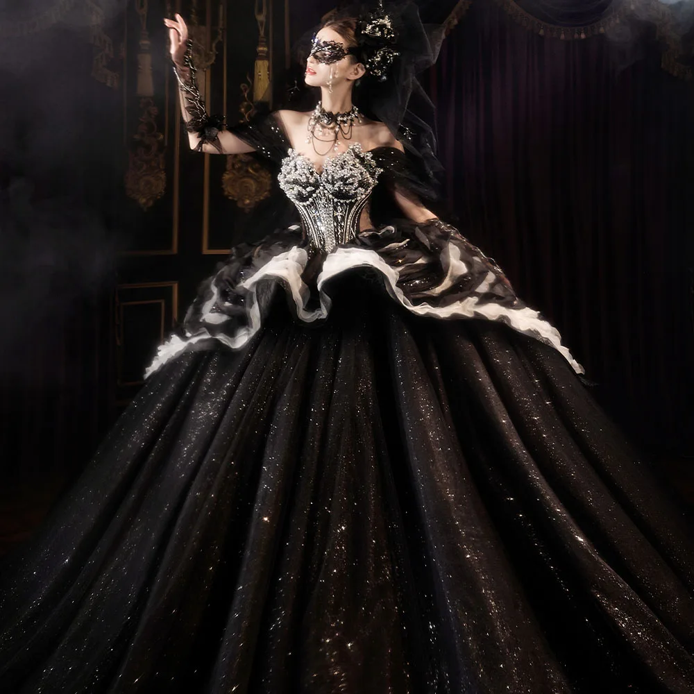 black ball gown dress Off-the-shoulder Prom Elegant Pagaent Dress Prin  SELINADRESS Perfect for quinceaera High Neck Long Sleeve Black