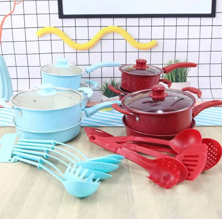 Hot Selling Colorful 13-Piece Non-Stick Multi-Functional Soup Milk Pot Sets Frying Pan Gift Purple Red Blue Cooking Kitchenware