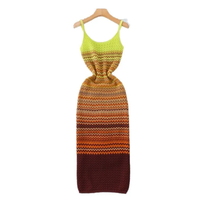 French Retro Gradient Striped Knitted Dress, Sleeveless Halter Dress,  Slimming and Figure-hugging Fur Dress