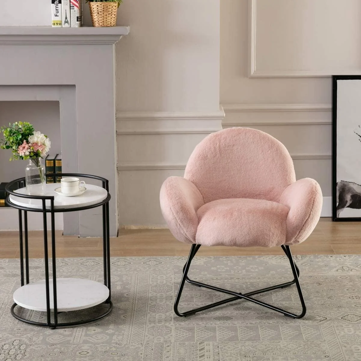 CARLFORD Fluffy Faux Fur Accent Chair Pink Tufted Armchair for Living Room  Bedroom Apartment Hotel Outdoor School