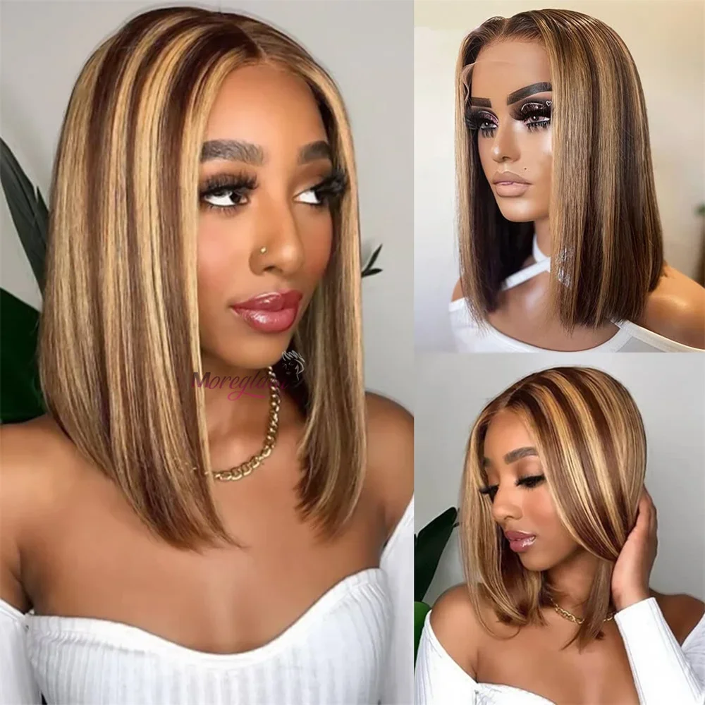 Perruque Bob en cheveux humains raides 13x4 avec dentelle frontale brésilienne courte ombrée_voghion.com