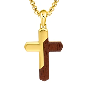Advanced Wholesale Stainless Steel Jewelry Pendant Bubinga Ebony Wood Inlaid Customized Cross Mens Necklaces