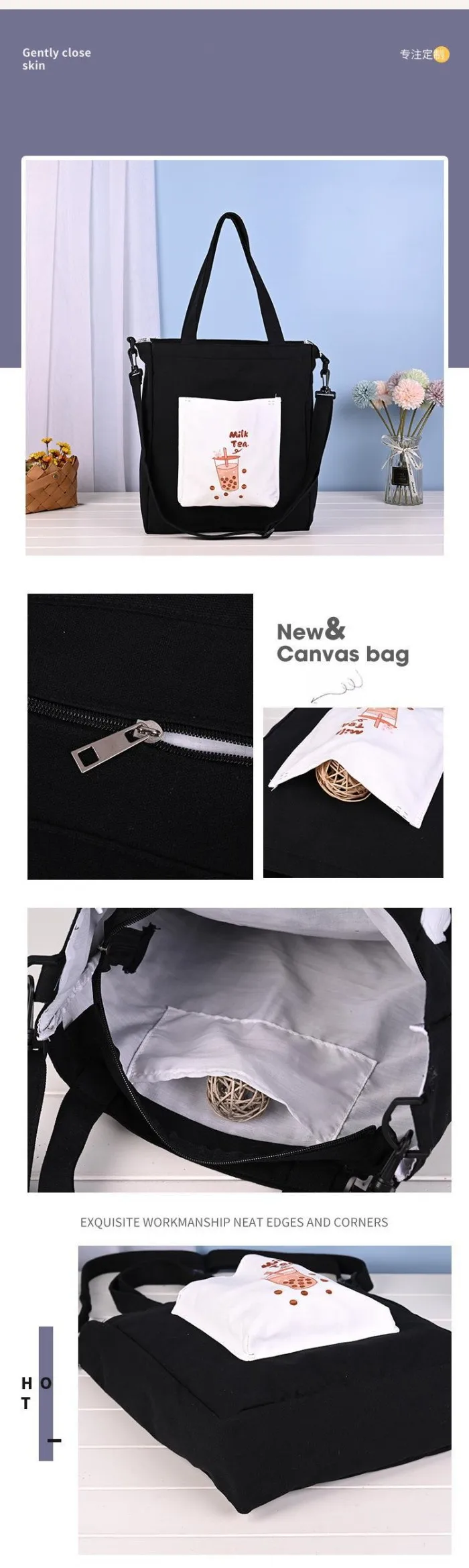 Custom Logo Printed Black Canvas Bag With Handle Black Canvas Bag With Pocket Black Canvas