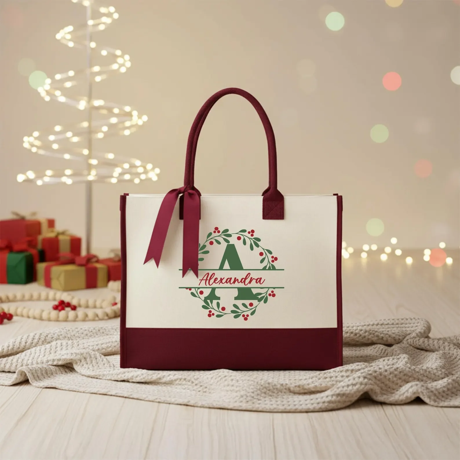 Red Christmas Decorations Gifts Canvas Multi-Colorful Shoulder Tote Bag High Aesthetic Value Waterproof Storage Travel