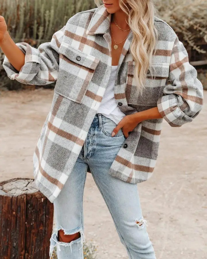 ホットセール Women's Pattern Solid Jacket Shirt Checkered Sleeve Long Clothing