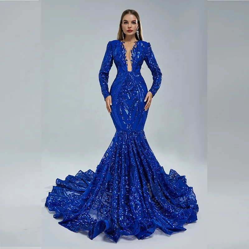 African Women's Sexy Plunge V Slim Hip Royal Blue Prom Gown Nigeria Ladies  Long Sleeve Mermaid Sequin Kitenge Designs Dresses