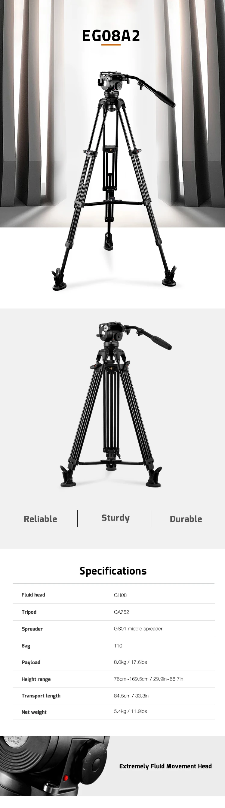 .E-IMAGE EG08A2 GH08 75mm 7-steps Counterbalance aluminium fluid head with Video