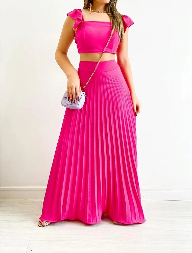 Hk3084 New Trendy Summer Skirt And Top Set For Women Short Tank Top High Waist Maxi Pleated 8599