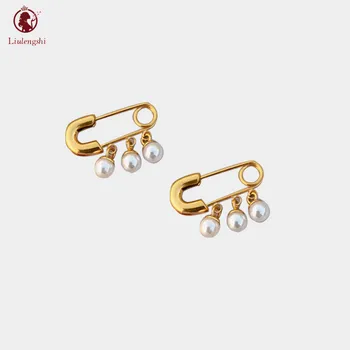 Special Design Stainless Steel Freshwater Pearl Safety Pin Earring Elegant Gold Tone Statement Paper Clip Pear Bead Earring