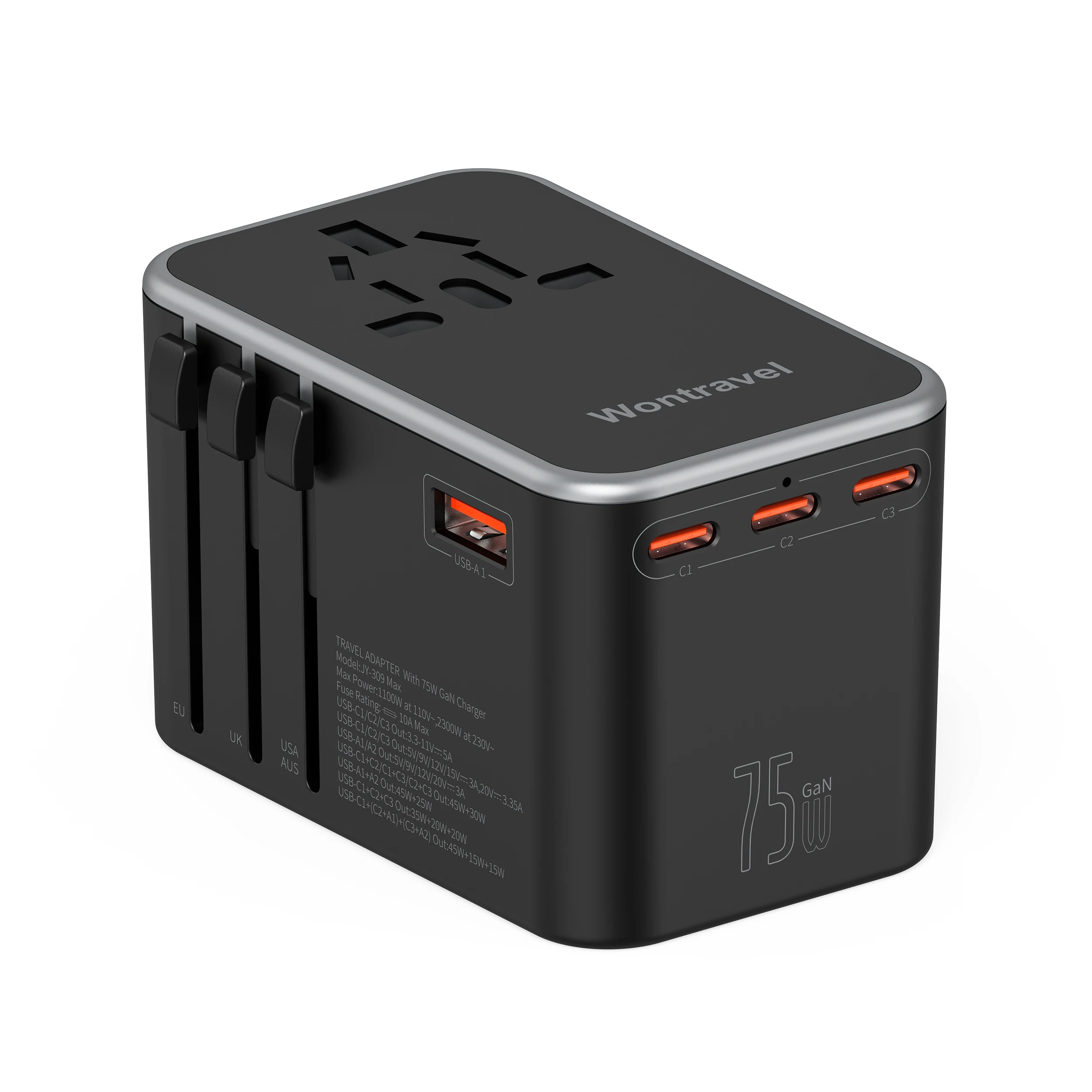 Wontravel 3 Type C Dual USB International Travel Adaptor Wall Charger Worldwide Plug Universal Travel Adapter
