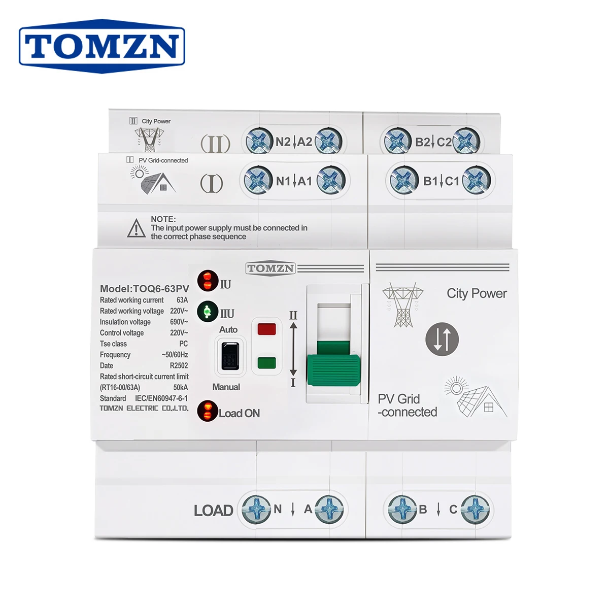 TOMZN Din Rail PV ATS L N 220V Small Dual Power Automatic Transfer Electrical Selector Switches Uninterrupted 4P 63A TOQ6