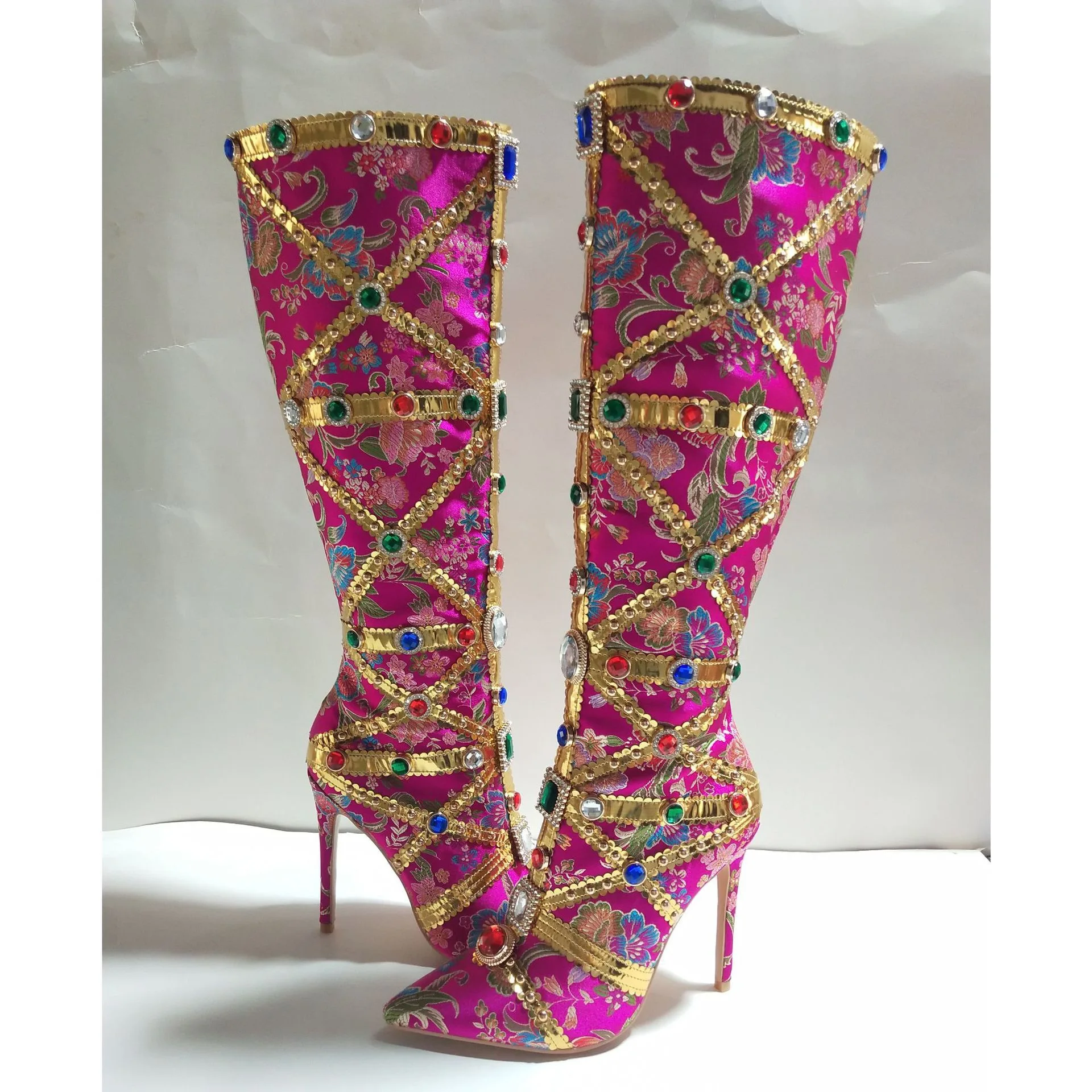 2023 Winter Color Diamond Women High Heel Wide Shaft Ladies Rhinestones Knee High Boots - Image 5