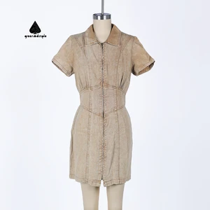 Custom Jean Dress for Women's Denim Dresses Fashionable Short Sleeved Ladies Mini Skirt Washed Distressed Denim Dress