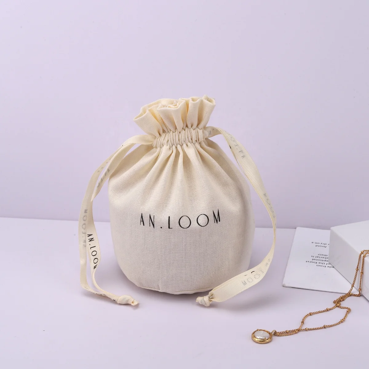 Custom Logo Printed Round Bottom Cotton Linen Candle Pouch Drawstring