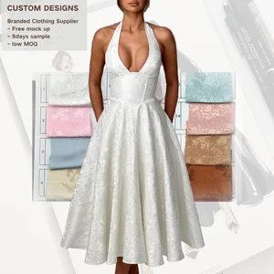 High Quality White Jacquard Corset Halter V- Neck Backless Lace up Sleeveless Ladies Elegant Princess Evening Dress for Women