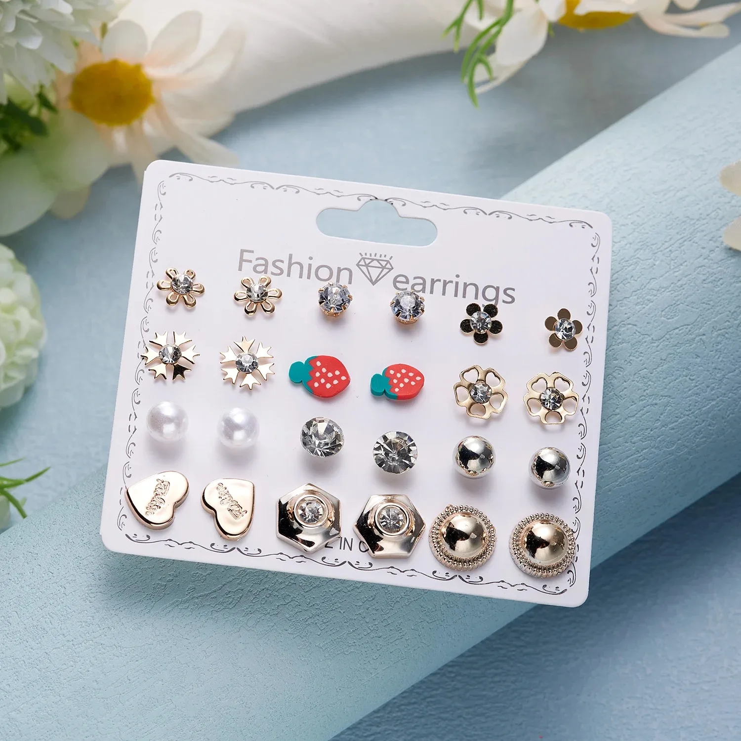 Rinhoo 12 Pairs Tiny Stud Earrings Set Rhinestone Imitation Pearl Rose  Flower Small Heart Earring Women Girl Cute Ear Jewelry