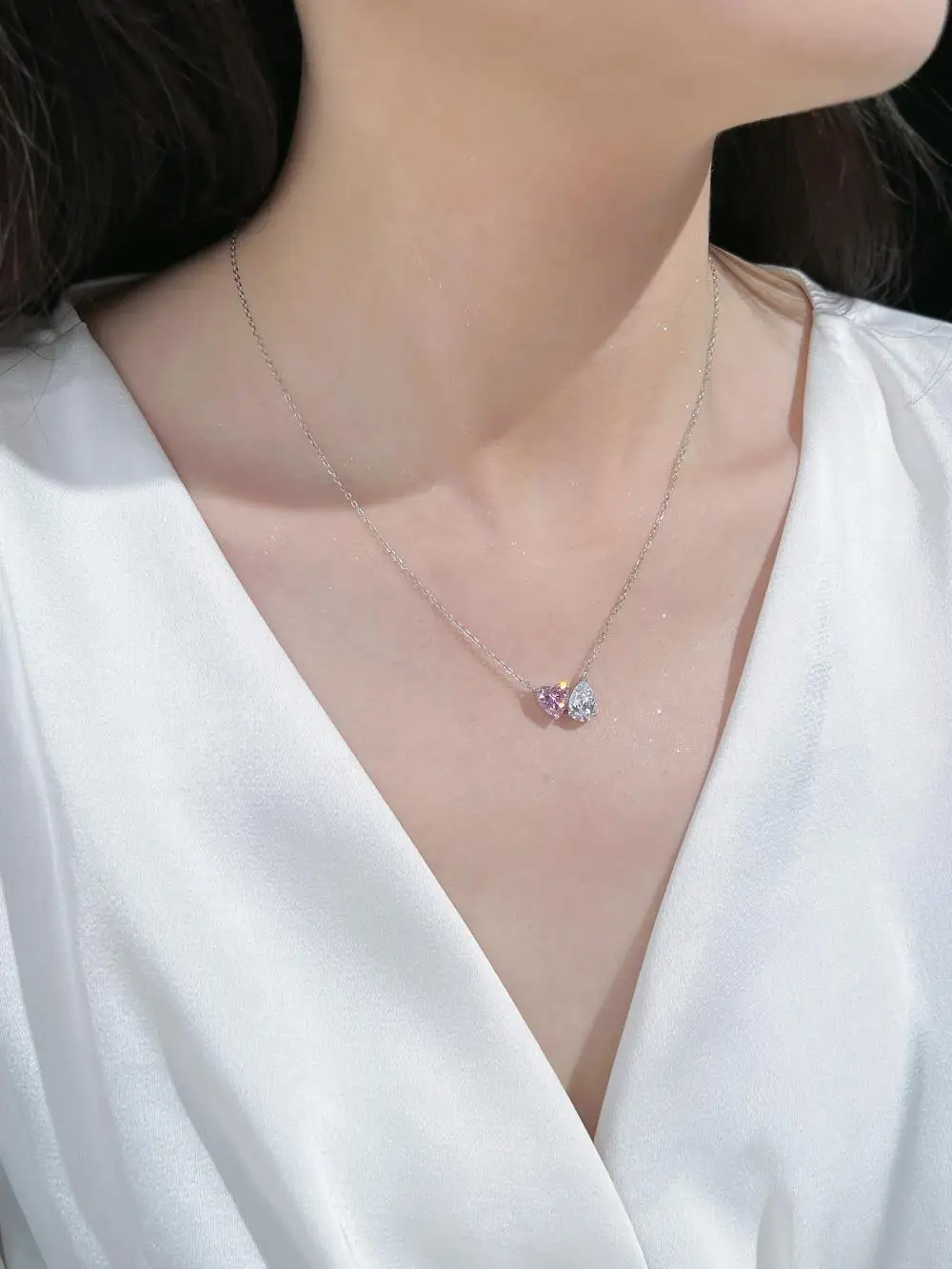 KAKODIY Women's Fine Jewelry 925 Sterling Silver Rhodium Plated Pink Heart Pendant with 5A Zircon Necklace detail 6