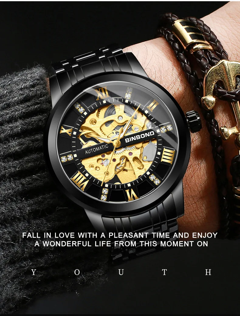 Binbond B6020 6020 Men's Automatic Watches Casual Fashion Original Chronograph Waterproof Stainless Steel Luminous Wristwatch