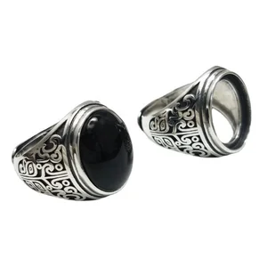 Customized Trendy Men Black Gemstone Finger Jewelry 925 Sterling Silver Ring Men Vintage